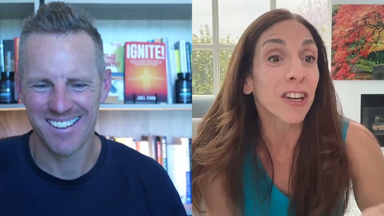 A split-screen video call: Joel Evan smiling in front of a bookshelf that holds his book “Ignite!” and Shanna Pearson speaking